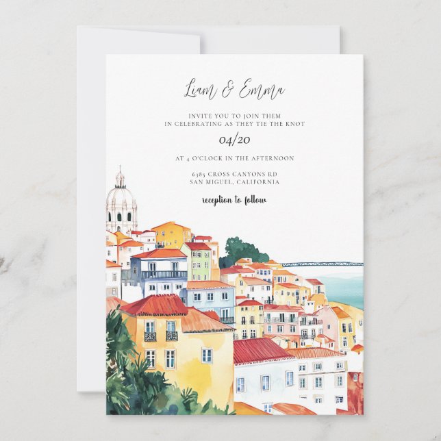 Lisbon Watercolor Destination Wedding Invitation (Front)