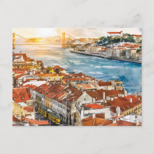 Lisbon  Watercolor Painting Postcard