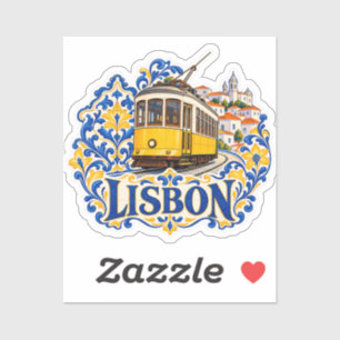 Lisbon Yellow Tram Blue Azulejo Tile Art Sticker