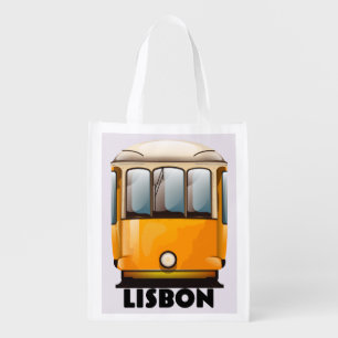 Lisbon yellow Tram travel poster Grocery Bag