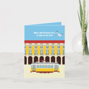 Lisbon yellow tram vintage birthday party invitation