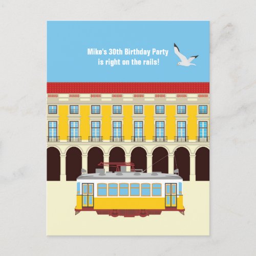 Lisbon yellow tram vintage birthday party  invitation postcard