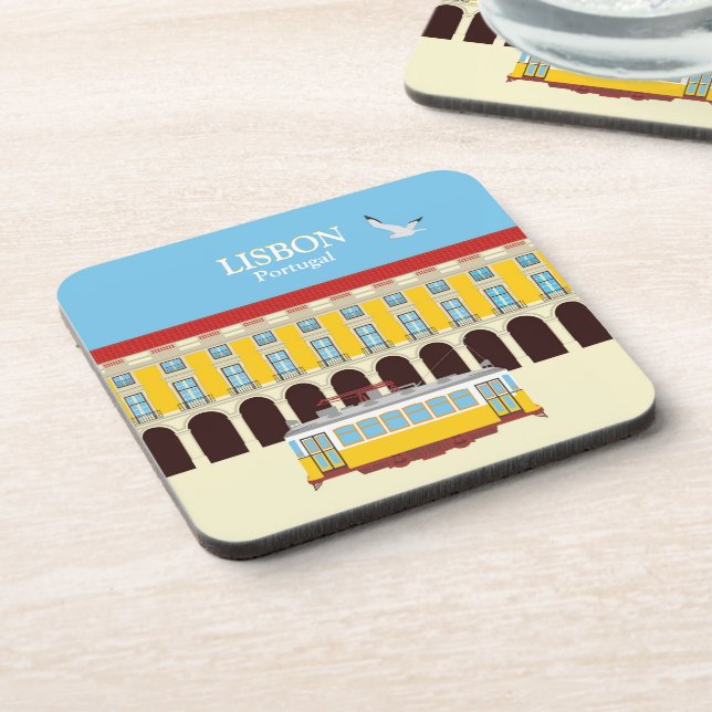 Lisbon yellow tram vintage style beverage coaster (Left Side)