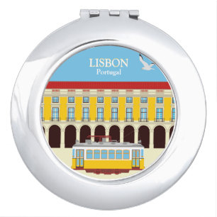 Lisbon yellow tram vintage style compact mirror