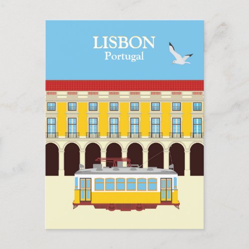 Lisbon yellow tram vintage style  postcard