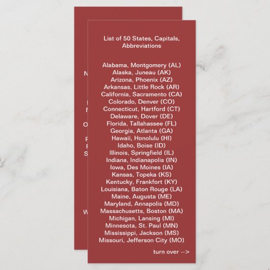 List of 50 States Rack Card (Front/Back)