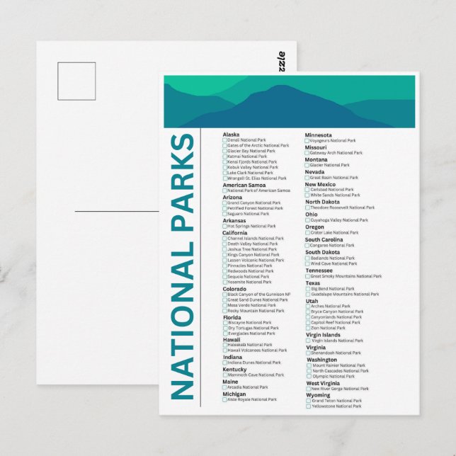 List of National Parks in the United States Postcard (Front/Back)