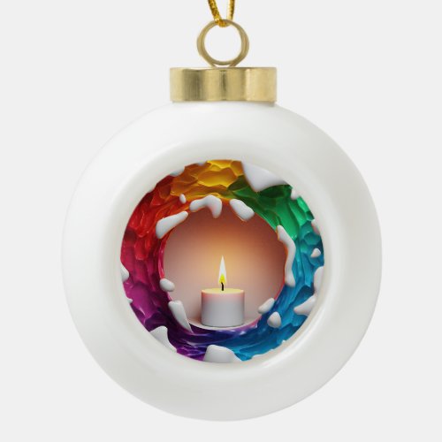 Lit Candle With Colored Background Ceramic Ball Christmas Ornament