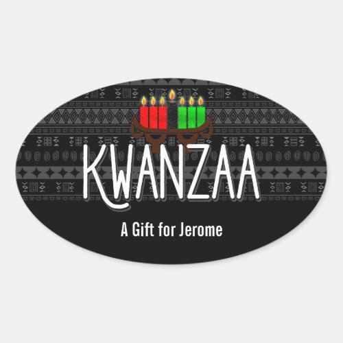 Lit Candles on Kinara with Kwanzaa and Custom Name Oval Sticker