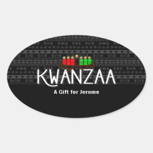 Lit Candles on Kinara with Kwanzaa and Custom Name Oval Sticker
