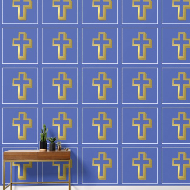 Lit Golden Cross Christian Iris Blue Squares Wallpaper (Hallway)