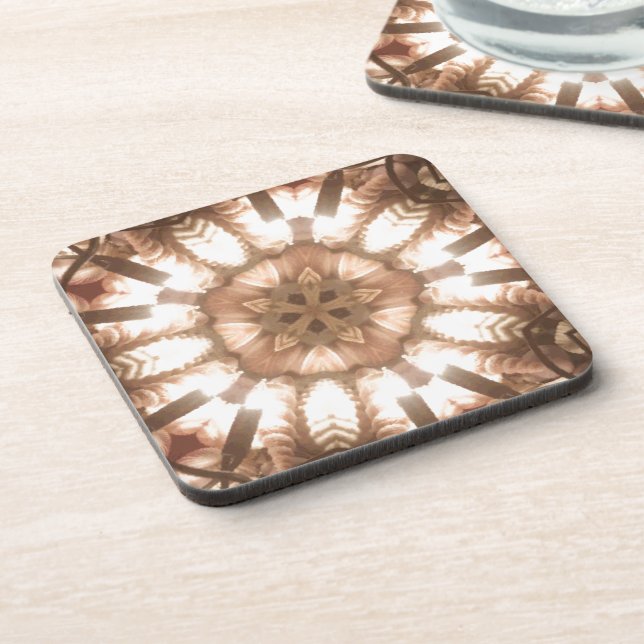 Lit Merry Christmas Tree Lights Kaleidoscope Art Beverage Coaster (Left Side)