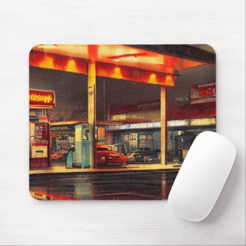 Lit Up Gas Station 1950s Mouse Pad
