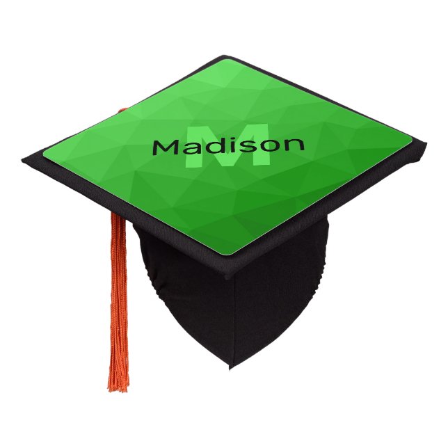 Lite green gradient geometry mesh pattern Monogram Graduation Cap Topper (Angled)