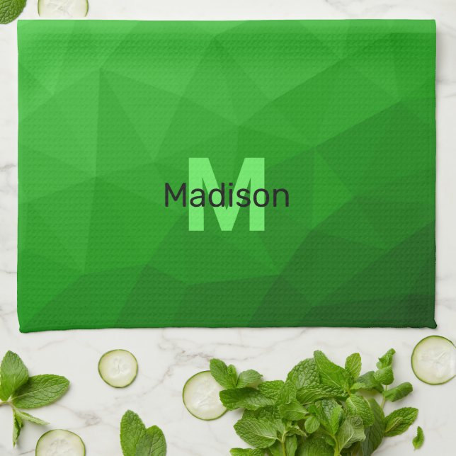Lite green gradient geometry mesh pattern Monogram Kitchen Towel (Folded)