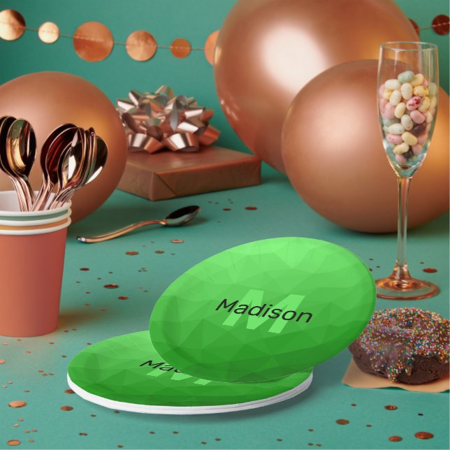 Lite green gradient geometry mesh pattern Monogram Paper Plates (Multi)