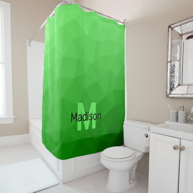 Lite green gradient geometry mesh pattern Monogram Shower Curtain (In Situ)
