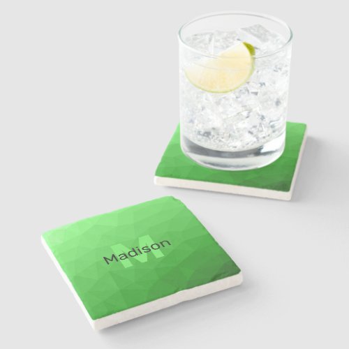 Lite green gradient geometry mesh pattern Monogram Stone Coaster