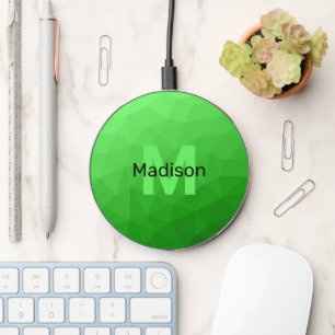 Lite green gradient geometry mesh pattern Monogram Wireless Charger