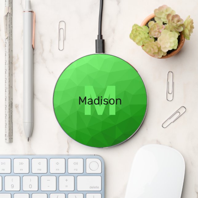 Lite green gradient geometry mesh pattern Monogram Wireless Charger (Desk)