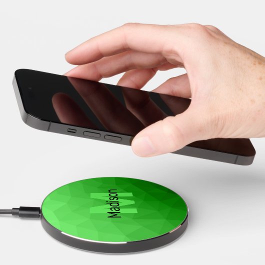 Lite green gradient geometry mesh pattern Monogram Wireless Charger (Hand)