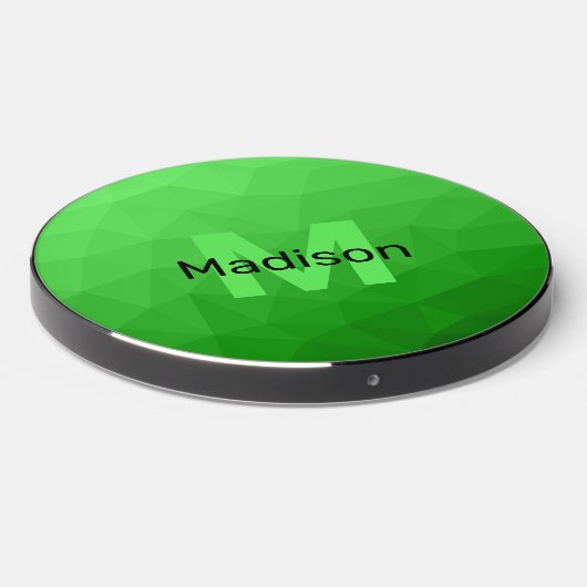 Lite green gradient geometry mesh pattern Monogram Wireless Charger (Front 2)