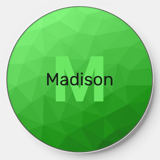 Lite green gradient geometry mesh pattern Monogram Wireless Charger (Front)