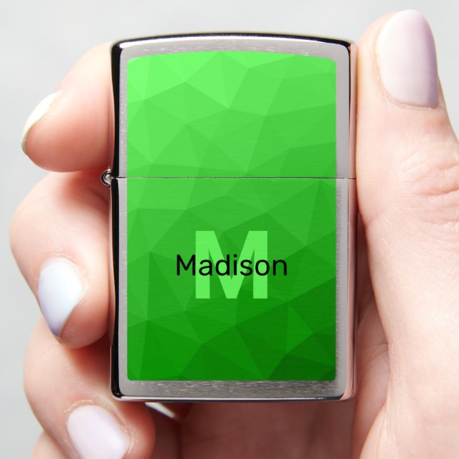 Lite green gradient geometry mesh pattern Monogram Zippo Lighter (In Hand)