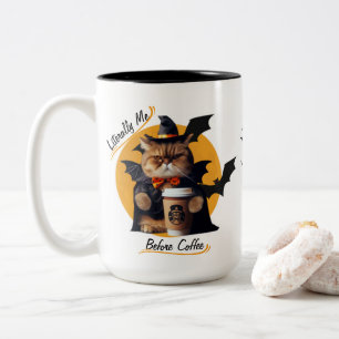 Literally Me Before Coffee – Cute Halloween Cat Two-Tone Coffee Mug