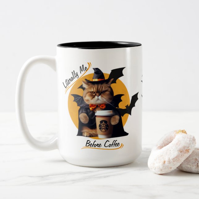 Literally Me Before Coffee – Cute Halloween Cat Two-Tone Coffee Mug (With Donut)