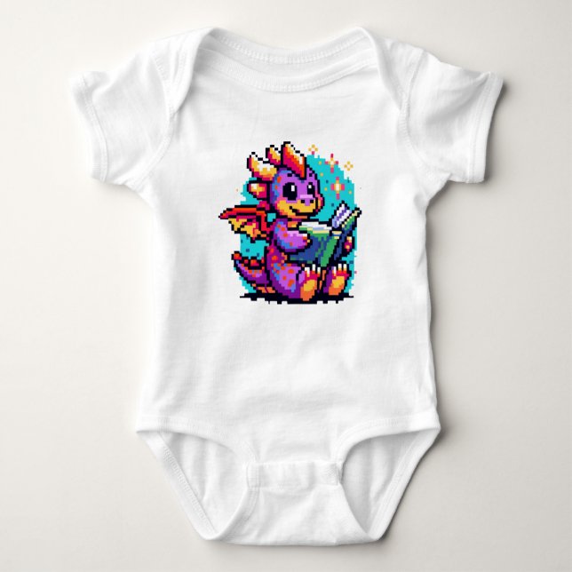 Literary Dragon: 8-Bit Bookworm Fantasy Baby Bodysuit (Front)