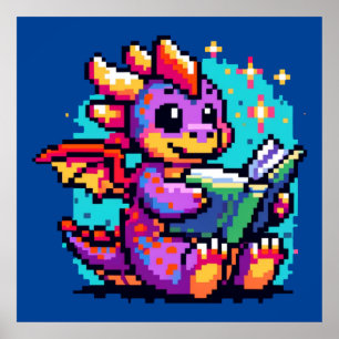 Literary Dragon: 8-Bit Bookworm Fantasy Poster