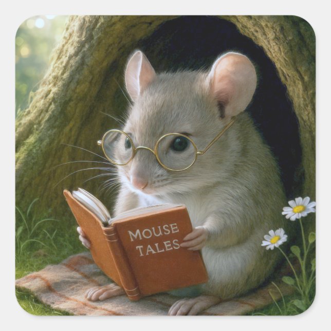 Literary Mouse In a Cozy Tree Hole Square Sticker (Front)