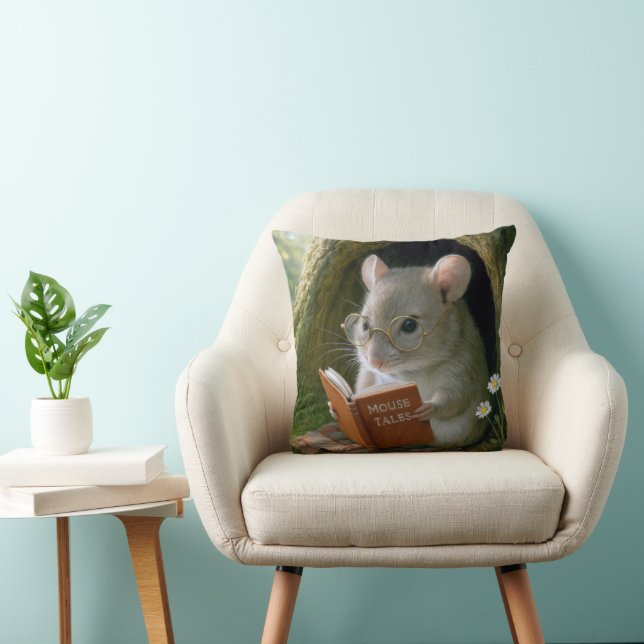 Literary Mouse In a Cozy Tree Hole Throw Pillow (Chair)