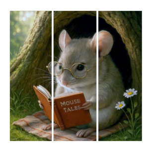 Literary Mouse In a Cozy Tree Hole Triptych