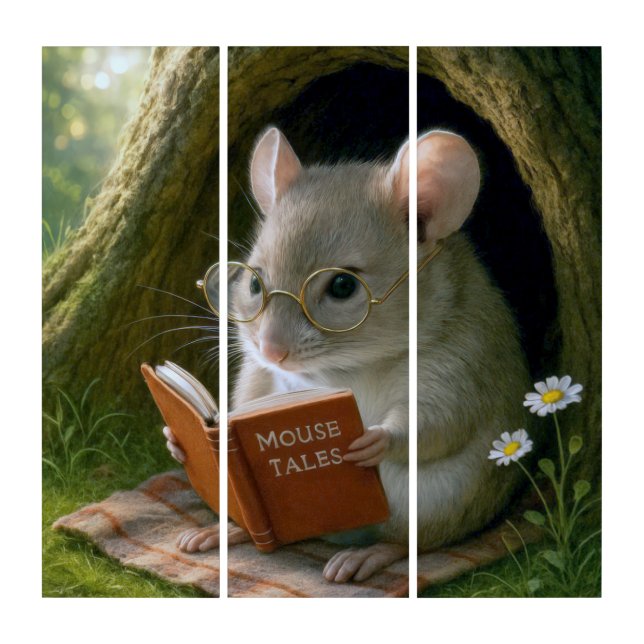 Literary Mouse In a Cozy Tree Hole Triptych (Front)