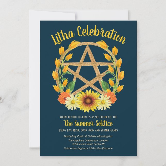 Litha Summer Solstice Gold Star Wicca Sabbat Invitation (Front)