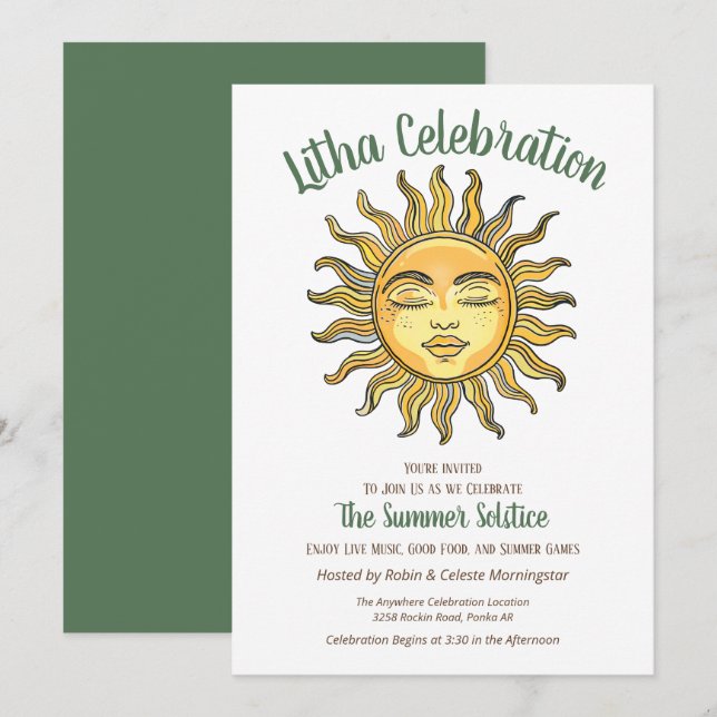 Litha Summer Solstice Smiling Yellow Sun Invitation (Front/Back)