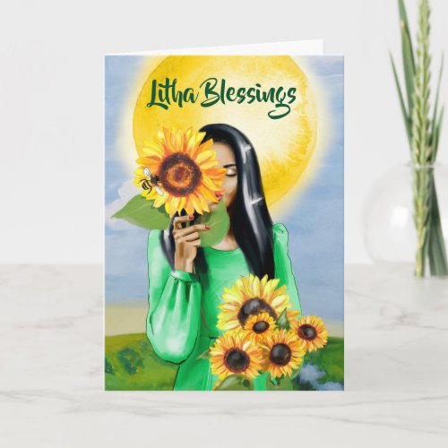 Litha Summer Solstice Sunflowe Black Hair Witch Card