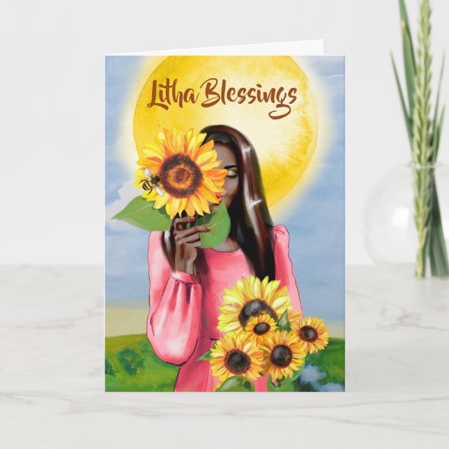 Litha Summer Solstice Sunflowe Lady Greeting Card (Front)