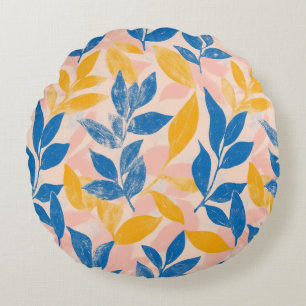 Lithograph Blue Yellow pink fun botanical leafy Round Pillow