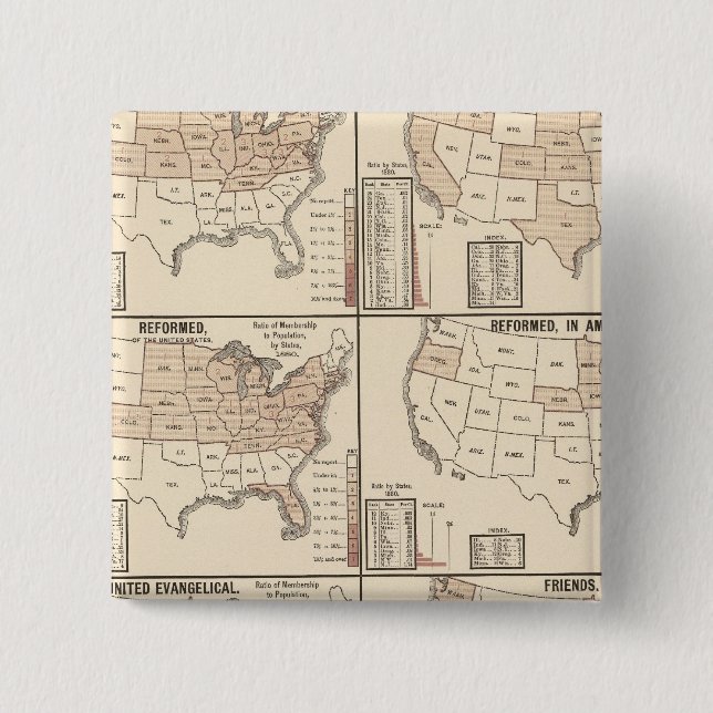 lithographed maps of denominational statistics pinback button (Front)