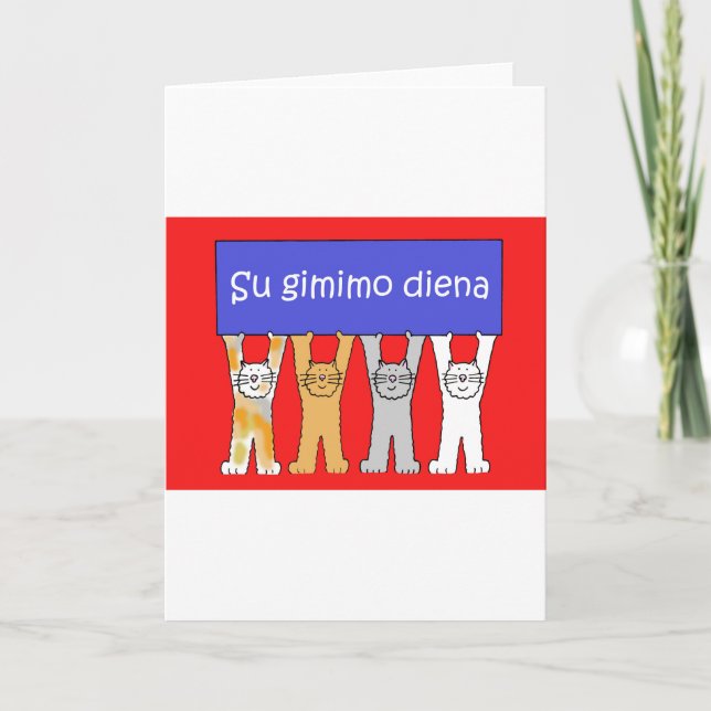 Lithuanian Happy Birthday Cartoon Cats Card (Front)