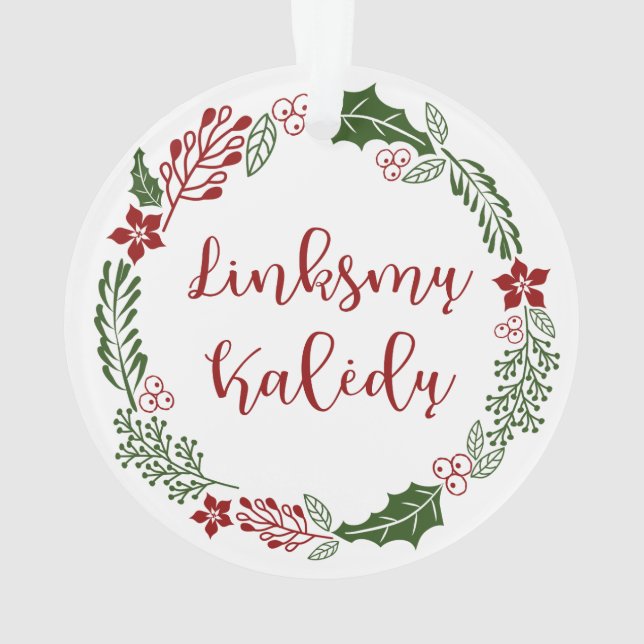 Lithuanian Merry Christmas Wreath Linksmų Kalėdų Ornament (Back)