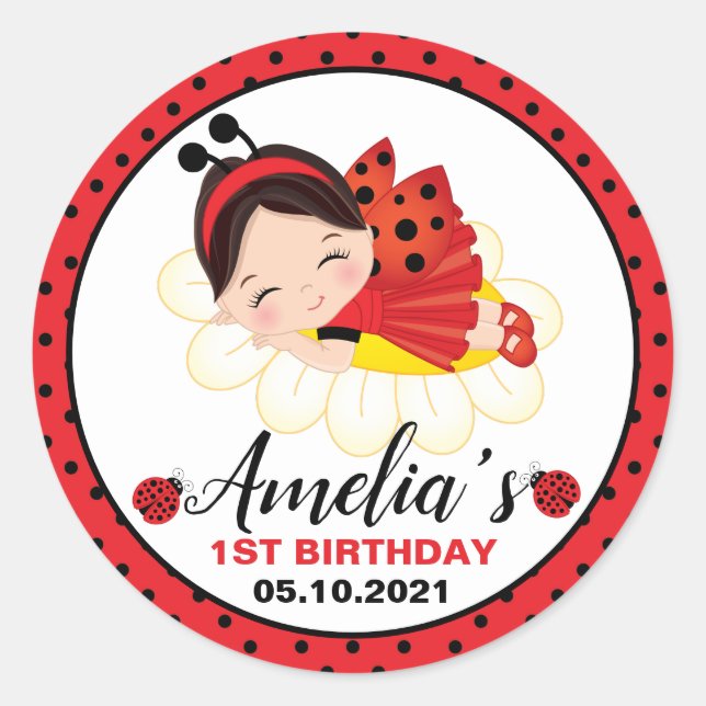 Litle Girl Ladybug Birthday Classic Round Sticker (Front)