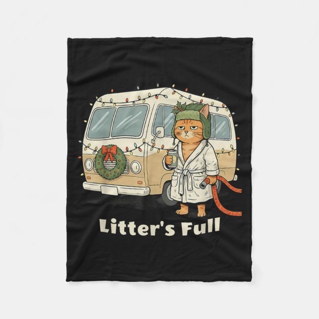 Litter's Full Christmas Cat, Funny Christmas Kitty Fleece Blanket (Front)