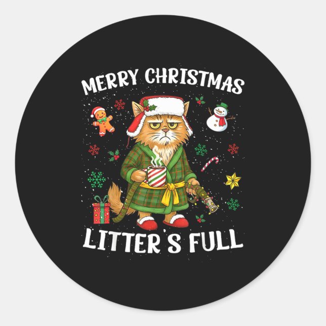 Litter's Full Merry Christmas Funny Cat Lovers Hol Classic Round Sticker (Front)