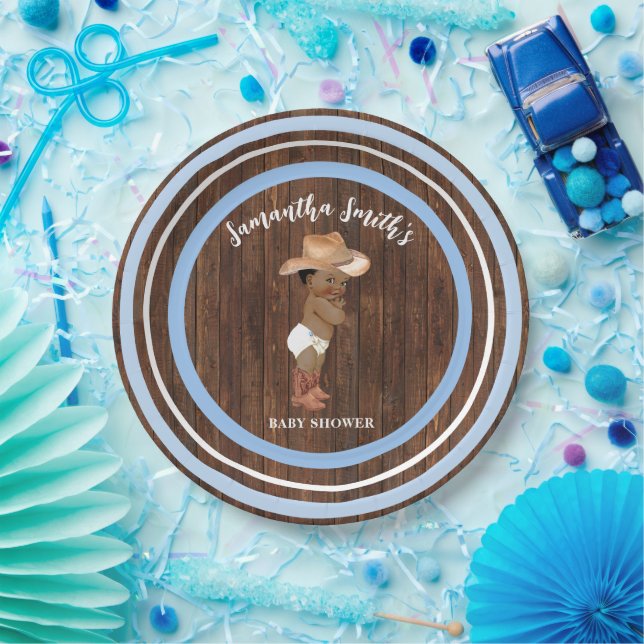 Little AA Baby Cowboy Western Blue Baby Shower Paper Plates (Party)