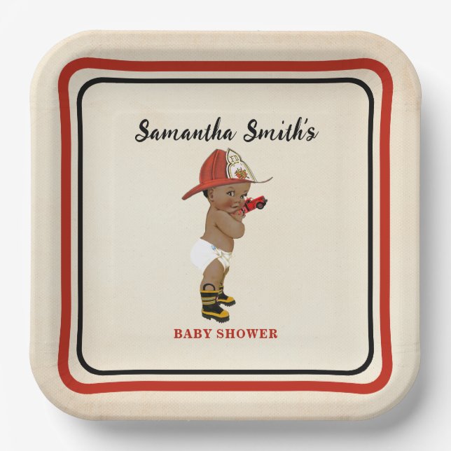Little AA Baby Firefighter Baby Shower Cream Red Paper Plates (Front)