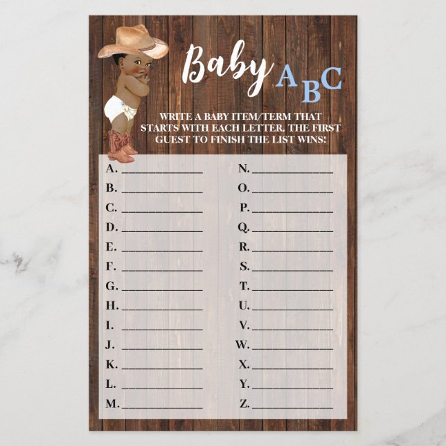 Little AA Cowboy Baby ABC Baby Shower Game Card Flyer (Front)